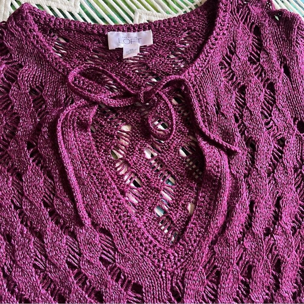 Loft XS Plum Open Knit Crochet Boho Casual Whimsygoth Retro V Neck Cute Sweater